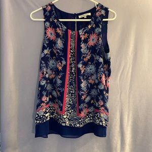 Rose Olive womens size medium Shirt, with Navy blue and Pink flower pattern